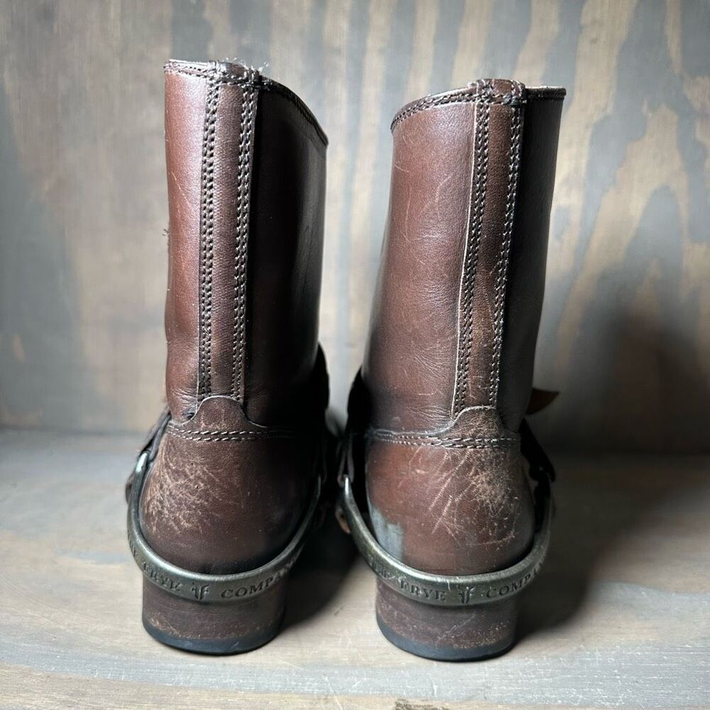 Frye Womens 5.5 Motorcycle Boots Brown Leather Straps Metal Harness Mid Calf - Picture 10 of 12